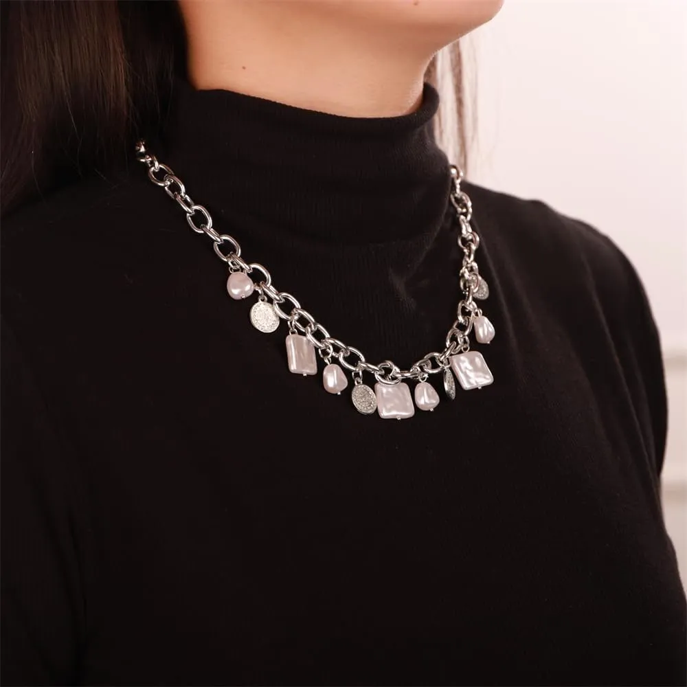 Aimimier Boho Faux Pearl Coin Pendant Choker Necklace Drop Medallion Cable Link Chain Necklace Prom Party Festival Jewelry for Women
