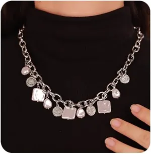 Aimimier Boho Faux Pearl Coin Pendant Choker Necklace Drop Medallion Cable Link Chain Necklace Prom Party Festival Jewelry for Women