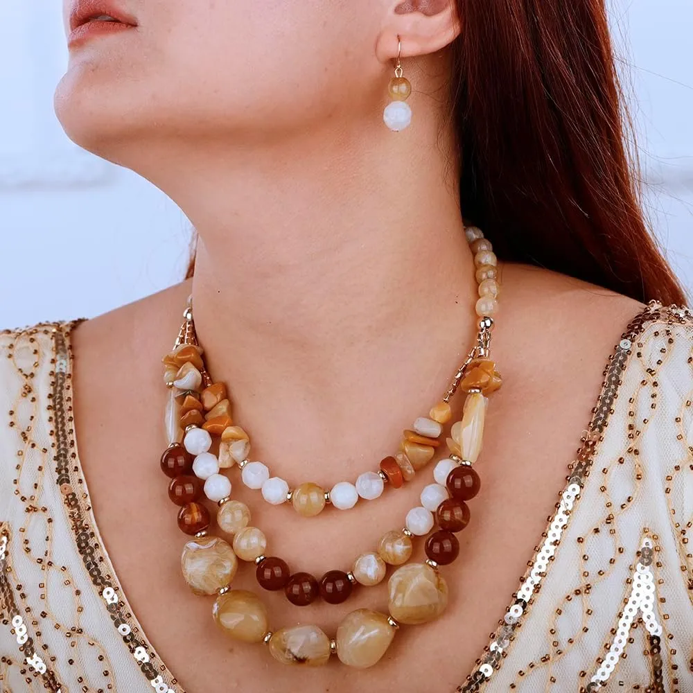 Aimimier Boho Mixed Multi-Colored Stone Necklace With Earrings Tumbled Gemstones and Round Beads Long Necklace Sweater Chain for Women
