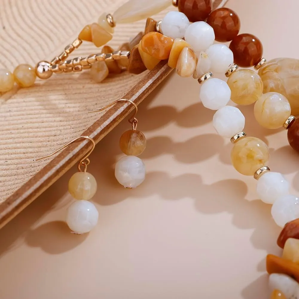 Aimimier Boho Mixed Multi-Colored Stone Necklace With Earrings Tumbled Gemstones and Round Beads Long Necklace Sweater Chain for Women