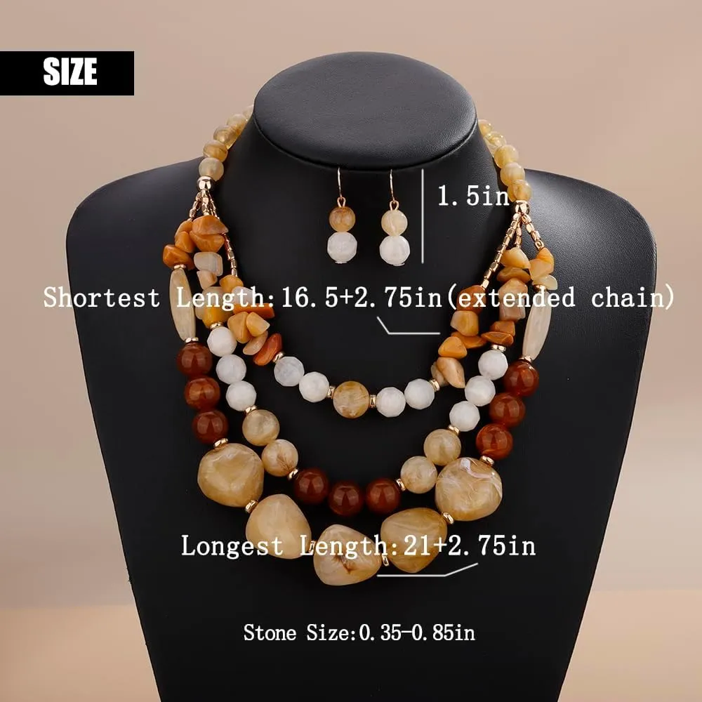 Aimimier Boho Mixed Multi-Colored Stone Necklace With Earrings Tumbled Gemstones and Round Beads Long Necklace Sweater Chain for Women