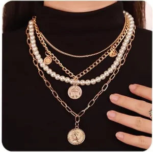 Aimimier Punk Dainty Multilayered Gold Chain Choker Necklace Faux Pearl Strand Medallion Pendant Paperclip Link Chain Necklace for Women