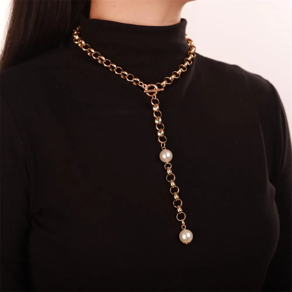 Aimimier Punk Rolo Chain OT Toggle Clasp Choker Necklace Dainty Lariat & Y Pearl Pendant Wrap Chain Necklace Prom Party Costume Accessories for Women