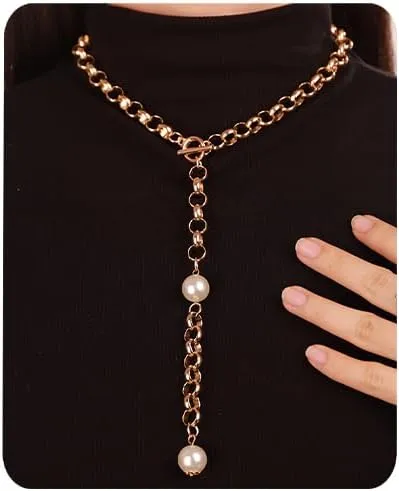 Aimimier Punk Rolo Chain OT Toggle Clasp Choker Necklace Dainty Lariat & Y Pearl Pendant Wrap Chain Necklace Prom Party Costume Accessories for Women