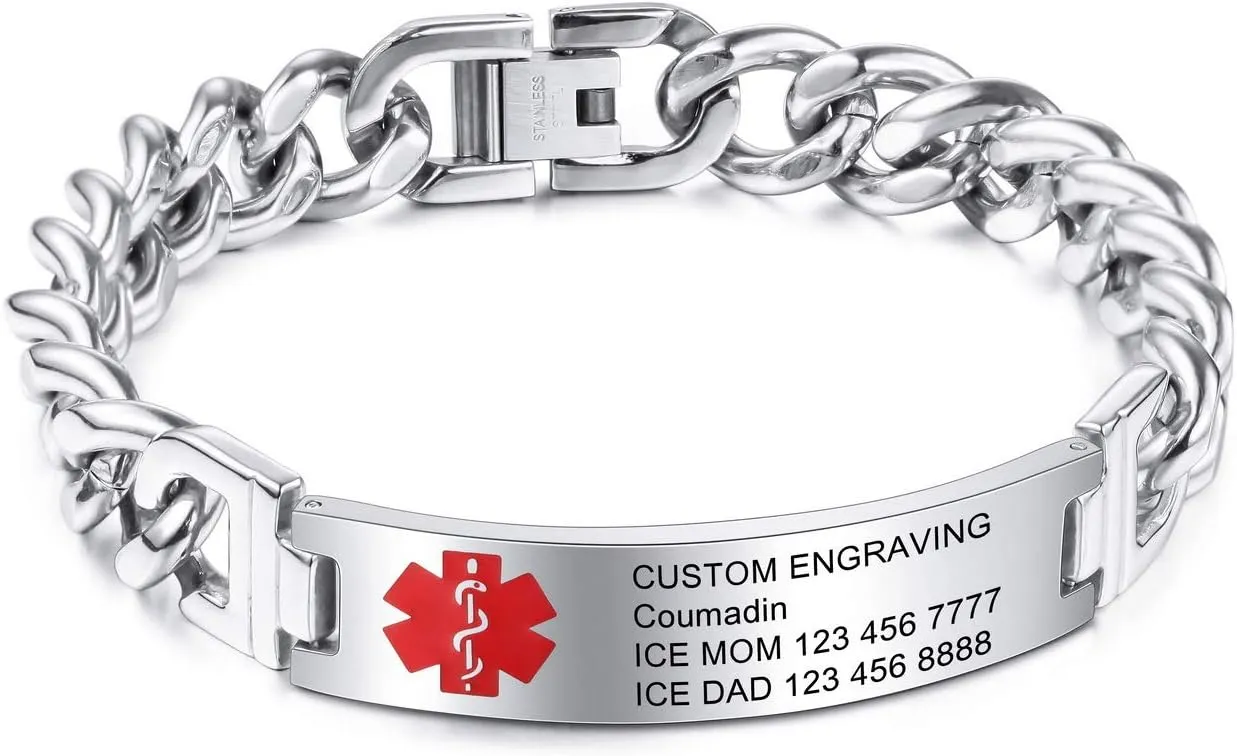 Alert Bracelet Custom Engraved, 7-9 Inches, Identification Allergy Life Medic Name ID for Men Women Stainless Steel Chain Bracelets - (Bundle with Emergency Card, Holder)