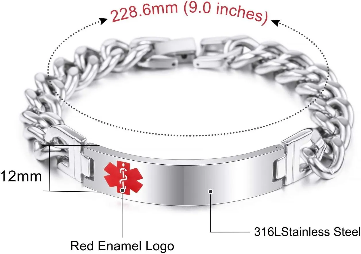 Alert Bracelet Custom Engraved, 7-9 Inches, Identification Allergy Life Medic Name ID for Men Women Stainless Steel Chain Bracelets - (Bundle with Emergency Card, Holder)