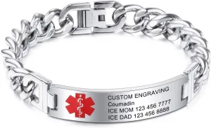 Alert Bracelet Custom Engraved, 7-9 Inches, Identification Allergy Life Medic Name ID for Men Women Stainless Steel Chain Bracelets - (Bundle with Emergency Card, Holder)
