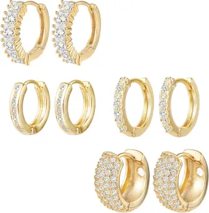 ALEXCRAFT Small Gold Hoop Earrings Set for Women Diamond Pave Gold Earrings Set with Sterling Silver Post