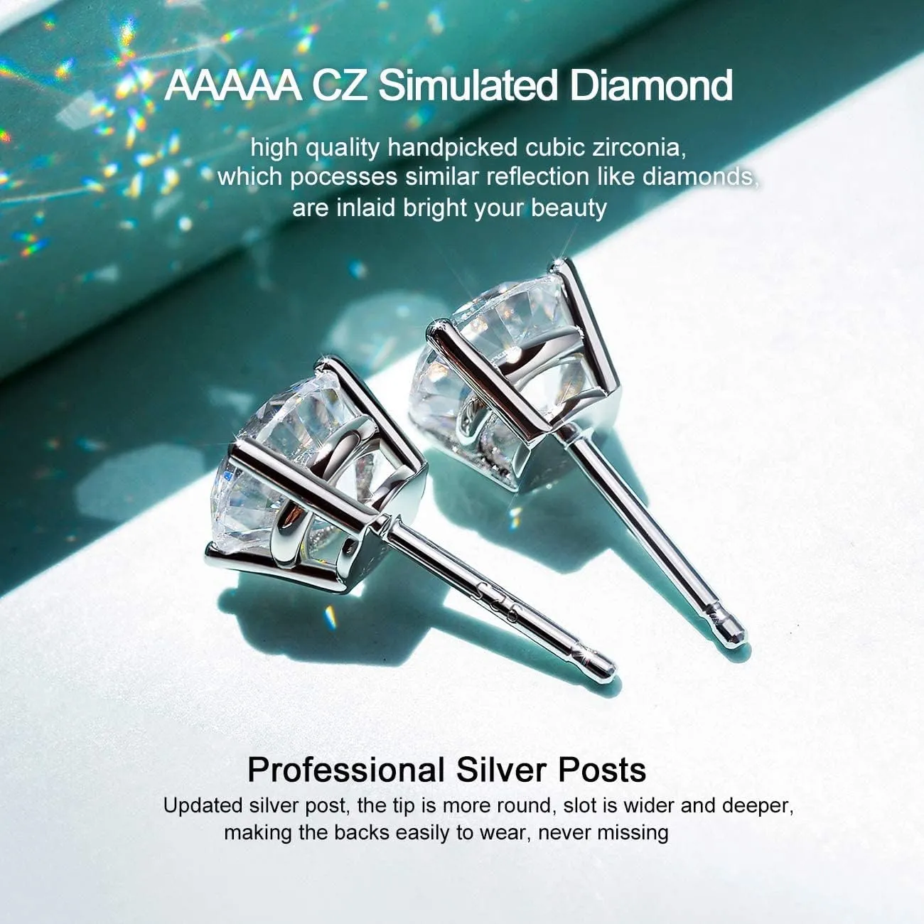 AllenCOCO Sterling Silver Stud Earrings for Women and Men, 18K White Gold-Plated, 5A  CZ Cubic Zirconia, Hypoallergenic Non Tarnish Jewelry Gift for Sensitive Ears