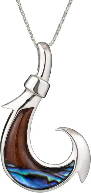 Aloha Jewelry Company 925 Sterling Silver Koa Wood and Abalone Shell Hawaiian Mauka to Makai Fish Hook Necklace Pendant with 18" Box Chain, Nickel Free Hypoallergenic for Sensitive Skin, Gift Box Included (Medium, Crescent Fish Hook)