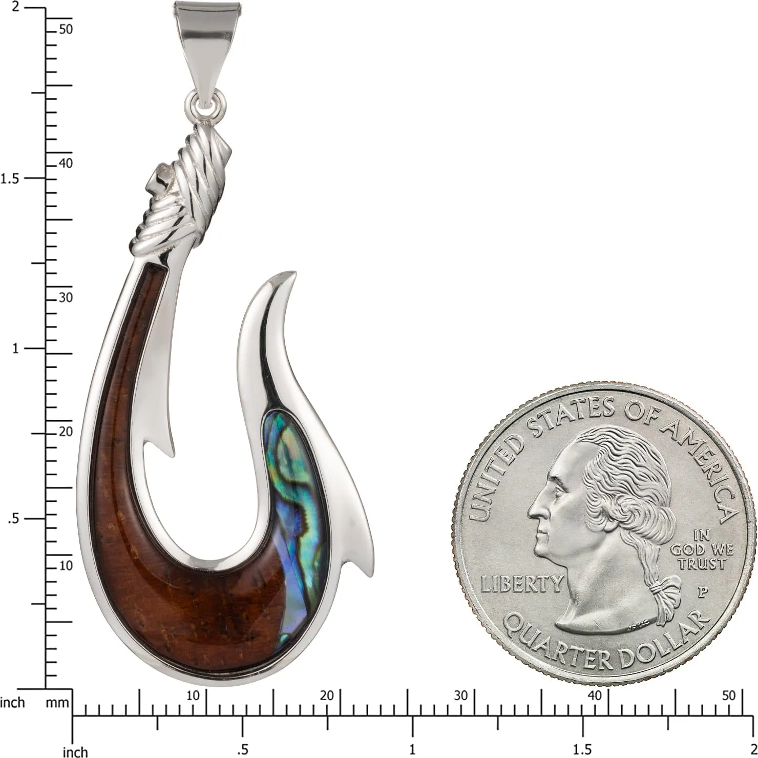 Aloha Jewelry Company 925 Sterling Silver Koa Wood and Abalone Shell Hawaiian Mauka to Makai Fish Hook Necklace Pendant with 18" Box Chain, Nickel Free Hypoallergenic for Sensitive Skin, Gift Box Included