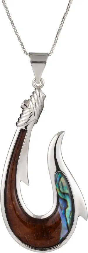 Aloha Jewelry Company 925 Sterling Silver Koa Wood and Abalone Shell Hawaiian Mauka to Makai Fish Hook Necklace Pendant with 18" Box Chain, Nickel Free Hypoallergenic for Sensitive Skin, Gift Box Included