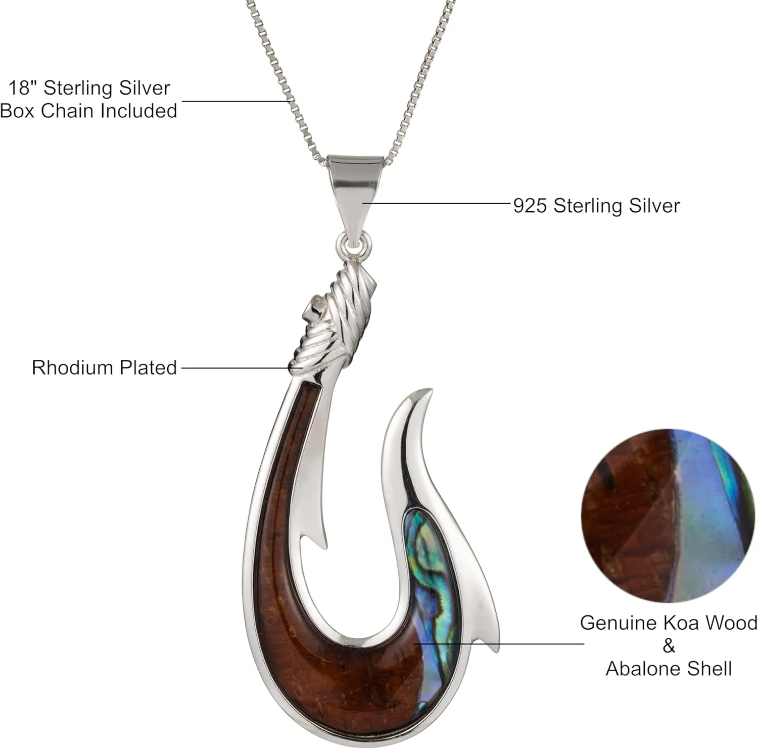 Aloha Jewelry Company 925 Sterling Silver Koa Wood and Abalone Shell Hawaiian Mauka to Makai Fish Hook Necklace Pendant with 18" Box Chain, Nickel Free Hypoallergenic for Sensitive Skin, Gift Box Included