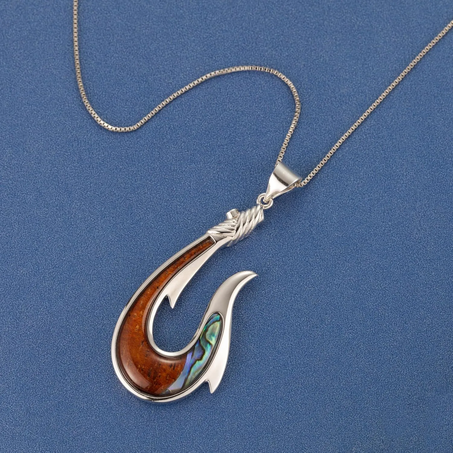 Aloha Jewelry Company 925 Sterling Silver Koa Wood and Abalone Shell Hawaiian Mauka to Makai Fish Hook Necklace Pendant with 18" Box Chain, Nickel Free Hypoallergenic for Sensitive Skin, Gift Box Included