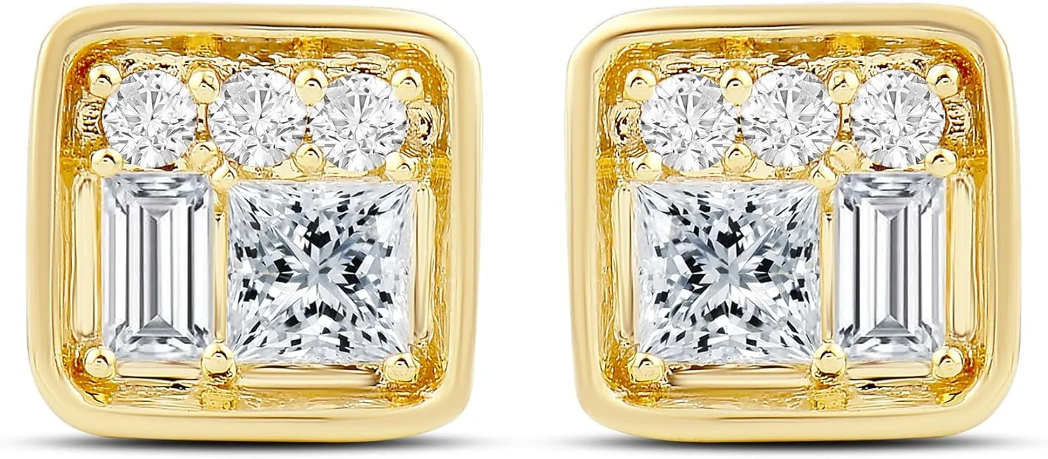Amazon Essentials Yellow 10K Gold 1/4 Cttw Round, Princess and Baguette Diamonds Stud Earrings