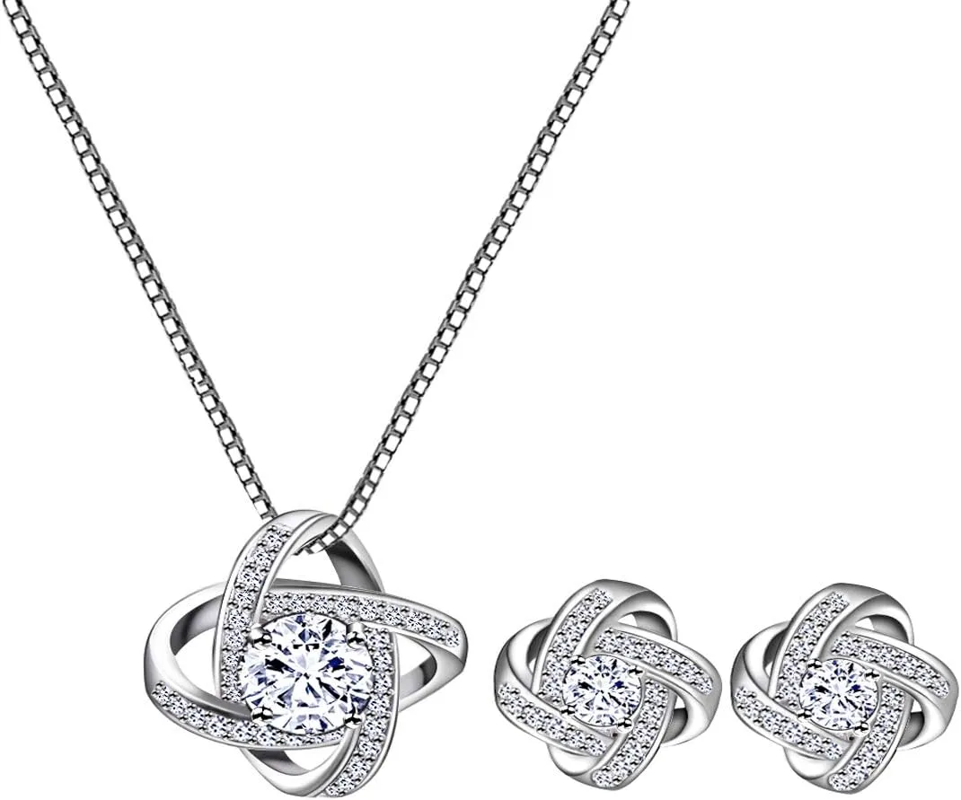 AMYJANE Bridal Jewelry Set for Women - Crystal Cubic Zirconia Love Knot Necklace Stud Earrings Elegant CZ Jewelry Set for Wedding Bride Bridesmaids Gift Set