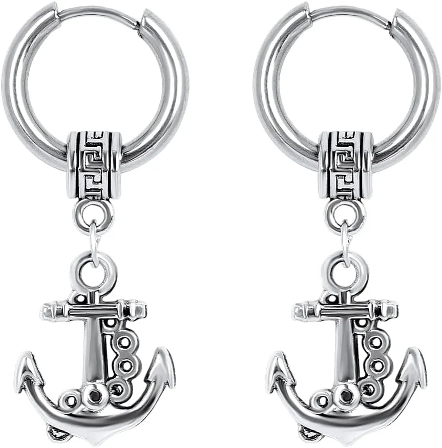 Anchor Earrings Men Stainless Steel Small Hoop Earring Dangle Fashion Huggie Piercing Jewelry Stud Earrings for Party Birthday Gift, Silver