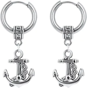 Anchor Earrings Men Stainless Steel Small Hoop Earring Dangle Fashion Huggie Piercing Jewelry Stud Earrings for Party Birthday Gift, Silver