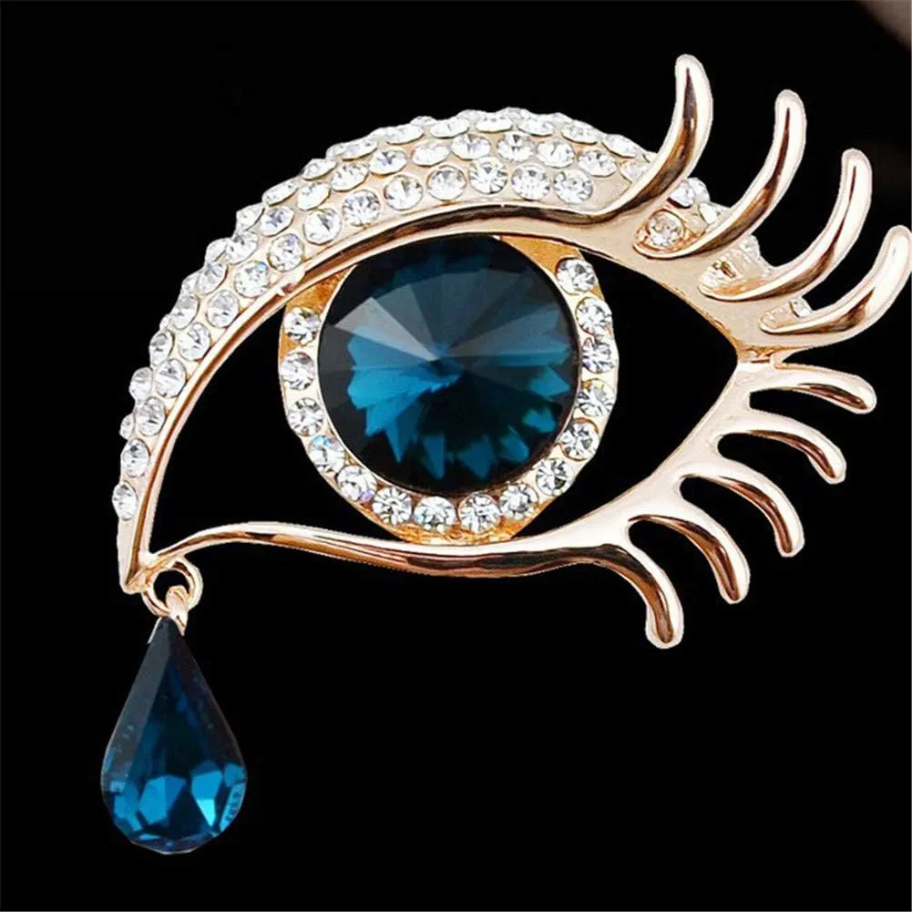 Angel Tears Brooch Pins, Elegant Rhinestone Sapphire Big Eyes Alloy Long Eyelashes Corsage Breastpin for Women Jewelry