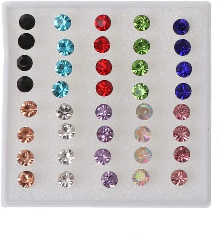 angwang Ear Studs,20 Pairs Colorful Faux Rhinestone Plastic Ear Studs Hypoallergenic Earrings Color-5mm
