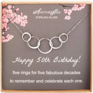 AnotherKiss 50th Birthday Gifts for Women, Sterling Silver 5 Circle Necklace for Her, 5 Rings for 5 Decades Jewelry Gift Ideas