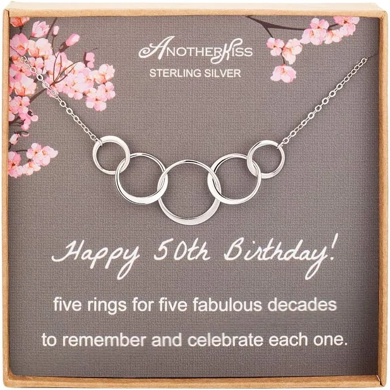 AnotherKiss 50th Birthday Gifts for Women, Sterling Silver 5 Circle Necklace for Her, 5 Rings for 5 Decades Jewelry Gift Ideas