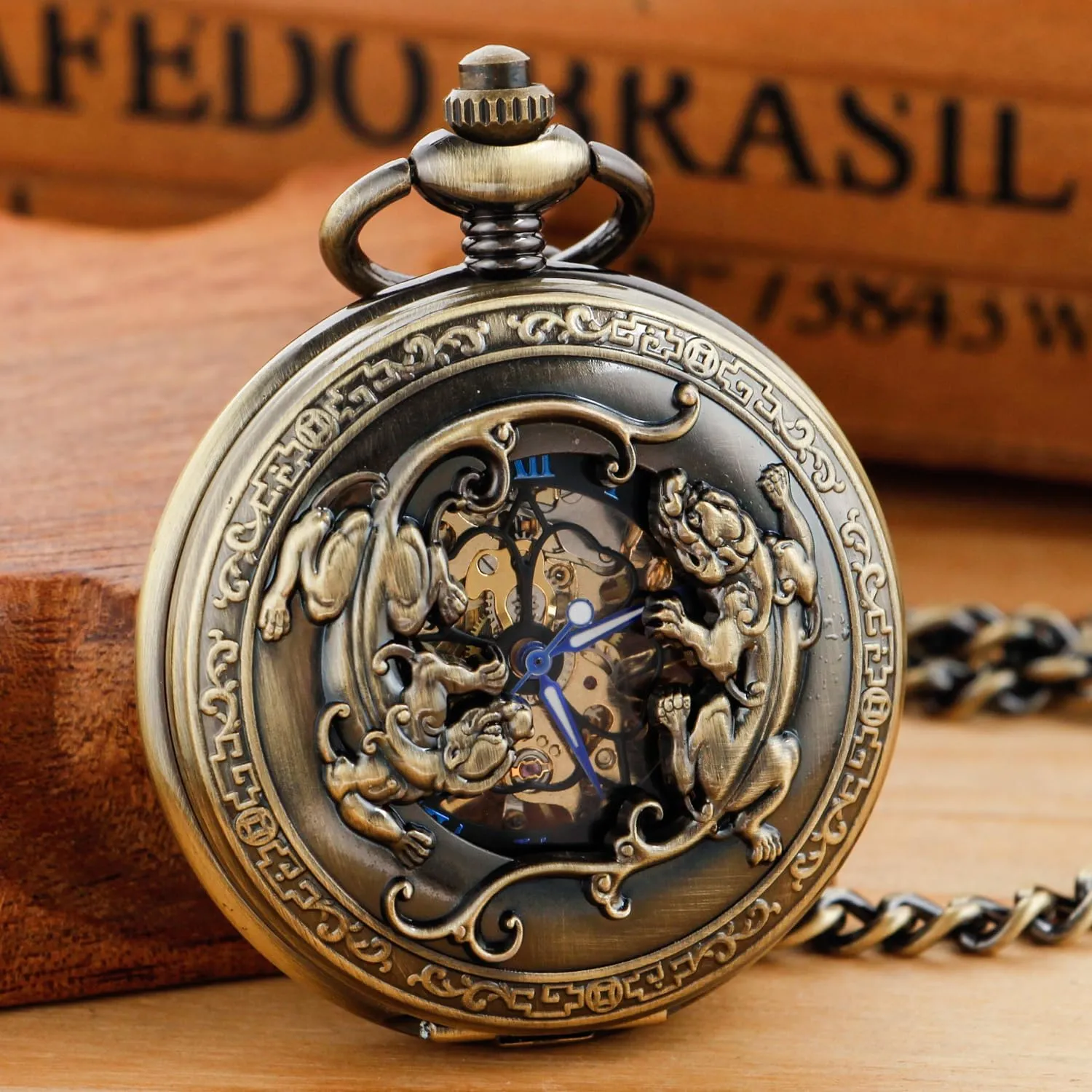 Antique Mechanical Pocket Watch for MenIrregular Octagon Skeleton Pocket Watch, Roman Numeral Dial with Chain   Box