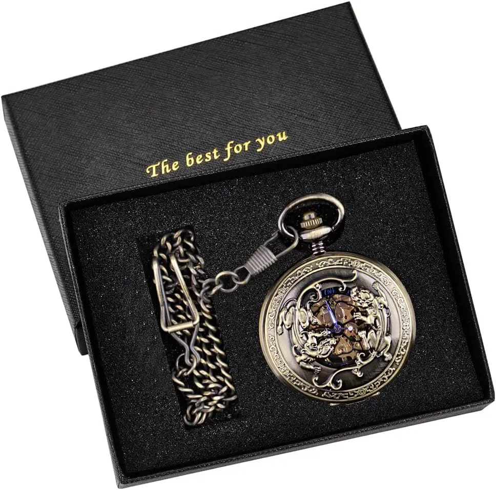 Antique Mechanical Pocket Watch for MenIrregular Octagon Skeleton Pocket Watch, Roman Numeral Dial with Chain   Box