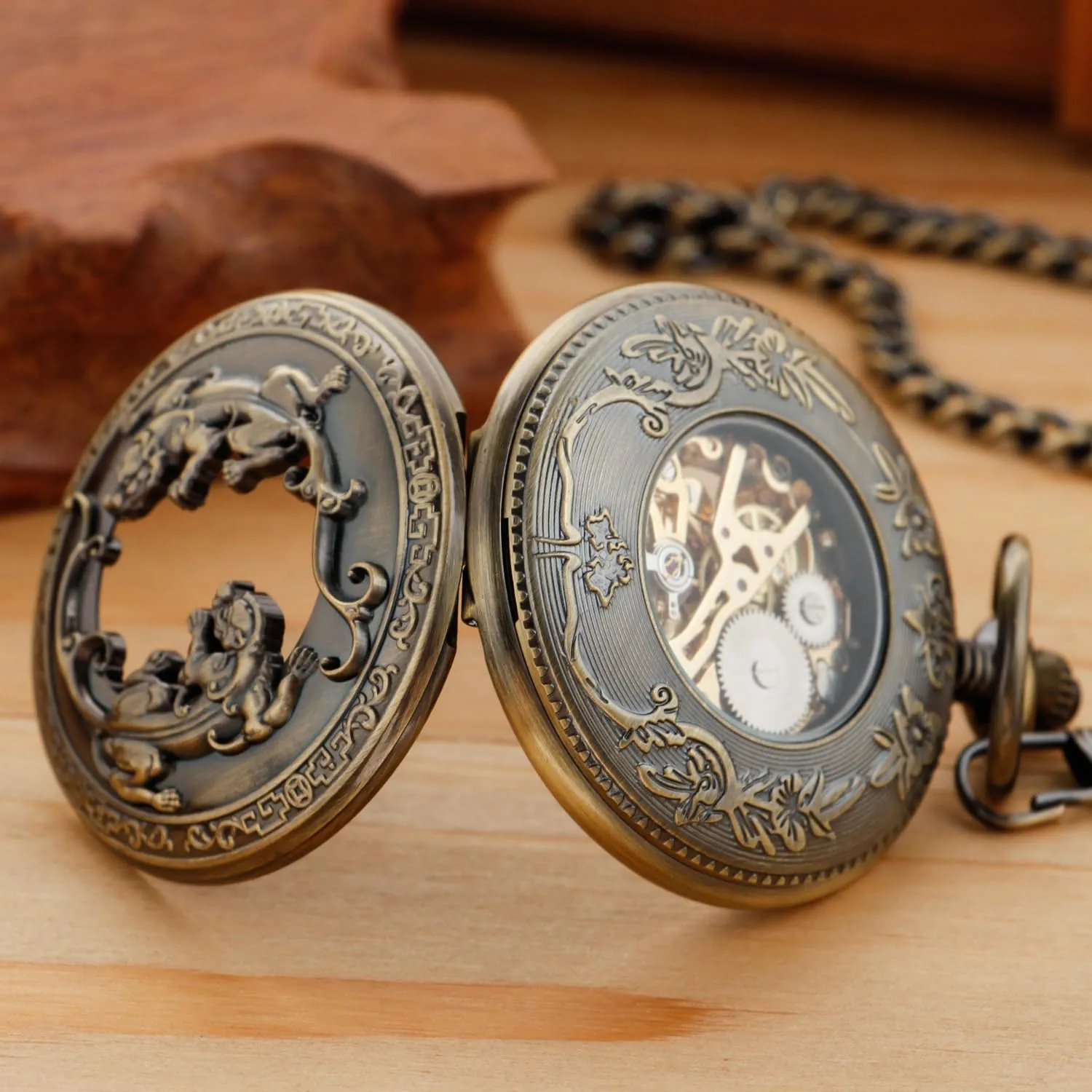 Antique Mechanical Pocket Watch for MenIrregular Octagon Skeleton Pocket Watch, Roman Numeral Dial with Chain   Box