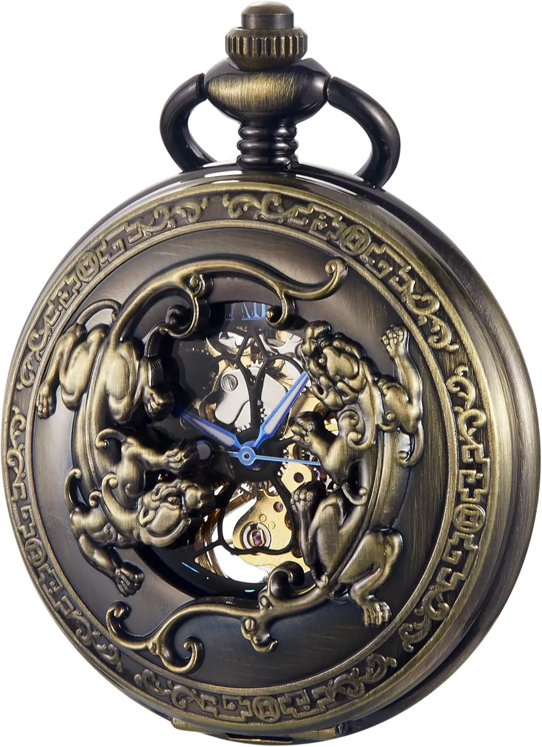 Antique Mechanical Pocket Watch for MenIrregular Octagon Skeleton Pocket Watch, Roman Numeral Dial with Chain   Box