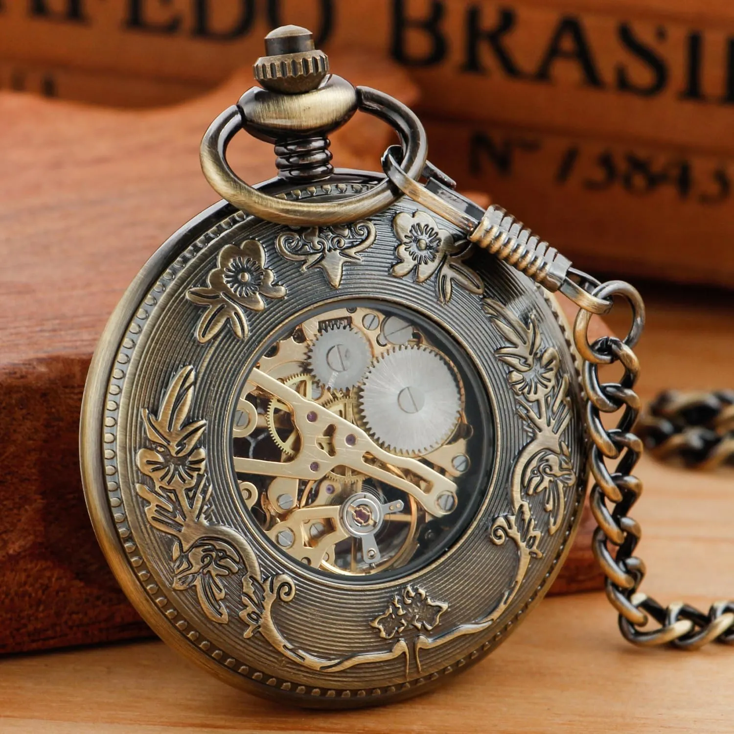 Antique Mechanical Pocket Watch for MenIrregular Octagon Skeleton Pocket Watch, Roman Numeral Dial with Chain   Box