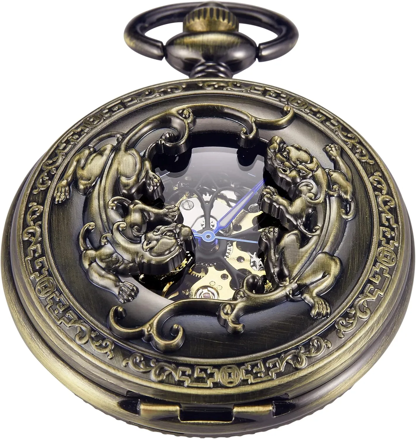 Antique Mechanical Pocket Watch for MenIrregular Octagon Skeleton Pocket Watch, Roman Numeral Dial with Chain   Box