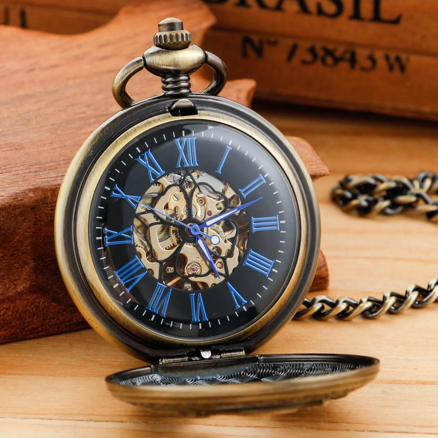 Antique Mechanical Pocket Watch for MenIrregular Octagon Skeleton Pocket Watch, Roman Numeral Dial with Chain   Box