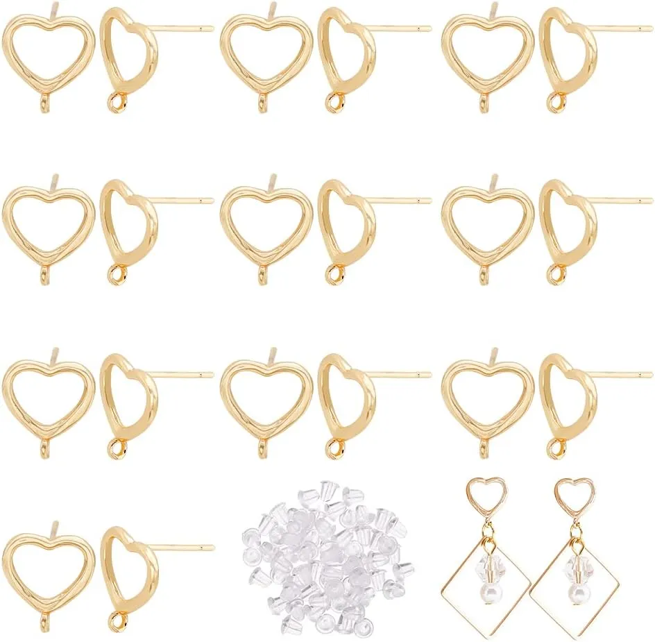 arricraft 20 Pcs Heart Shaped Stud, Gold Plated Earring Studs Posts with Hole Vertical Ring Stud Decoration Suitable for Jewelry Accessories Wedding Anniversary Holiday Gift Souvenirs
