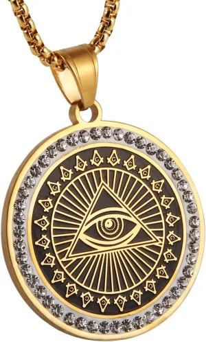 AsAlways Men's Stainless Steel CZ Horus Eye Egyptian Protection Medal Pendant Hip Hop Necklace Ancient Egypt Symbol Protection Evil Eye