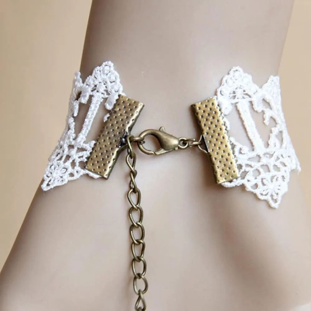 Asphire Gothic Black Ivory Lace Bracelet with Finger Ring Flower Gemstone Teardrop Harness Bracelet Vintage Bridal Wristband Wedding Prom Festival Hand Chain Jewelry for Women