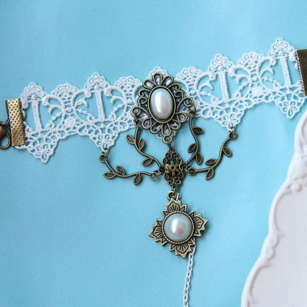Asphire Gothic Black Ivory Lace Bracelet with Finger Ring Flower Gemstone Teardrop Harness Bracelet Vintage Bridal Wristband Wedding Prom Festival Hand Chain Jewelry for Women