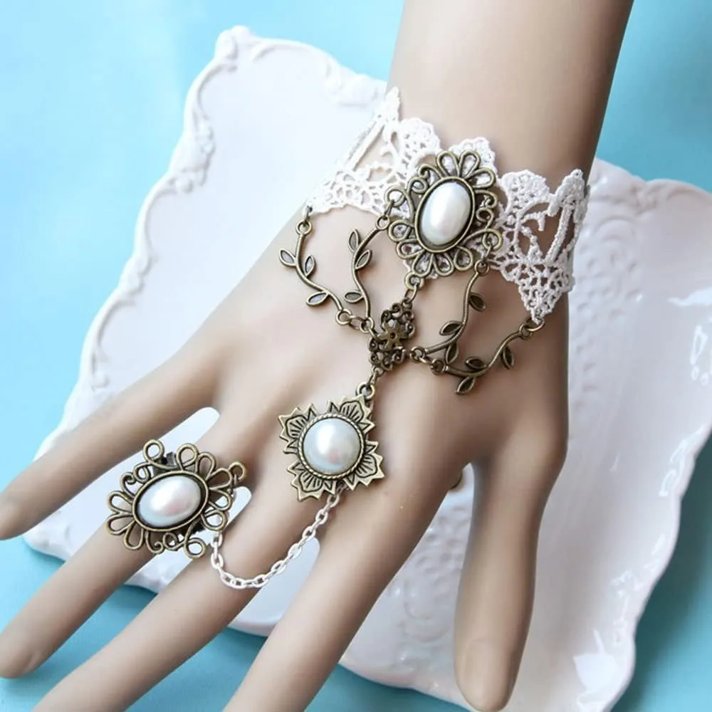 Asphire Gothic Black Ivory Lace Bracelet with Finger Ring Flower Gemstone Teardrop Harness Bracelet Vintage Bridal Wristband Wedding Prom Festival Hand Chain Jewelry for Women