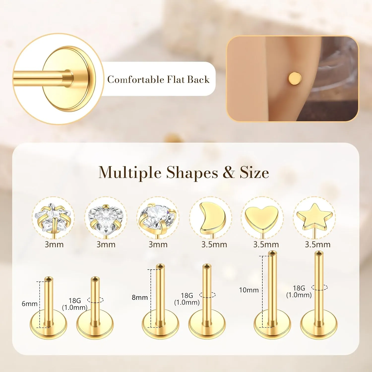 Aumeo 16G 18G Nose Rings Studs Threadless Flat Back Earrings Moon Star Lip Studs Heart CZ Medusa Nostril Tragus Helix Conch Piercing Jewelry 6mm 8mm 10mm Bar Length