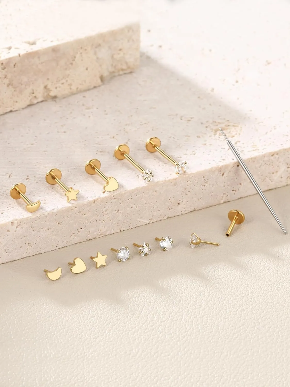 Aumeo 16G 18G Nose Rings Studs Threadless Flat Back Earrings Moon Star Lip Studs Heart CZ Medusa Nostril Tragus Helix Conch Piercing Jewelry 6mm 8mm 10mm Bar Length