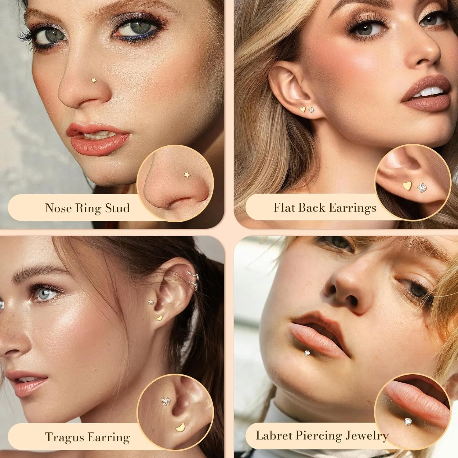 Aumeo 16G 18G Nose Rings Studs Threadless Flat Back Earrings Moon Star Lip Studs Heart CZ Medusa Nostril Tragus Helix Conch Piercing Jewelry 6mm 8mm 10mm Bar Length
