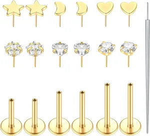 Aumeo 16G 18G Nose Rings Studs Threadless Flat Back Earrings Moon Star Lip Studs Heart CZ Medusa Nostril Tragus Helix Conch Piercing Jewelry 6mm 8mm 10mm Bar Length