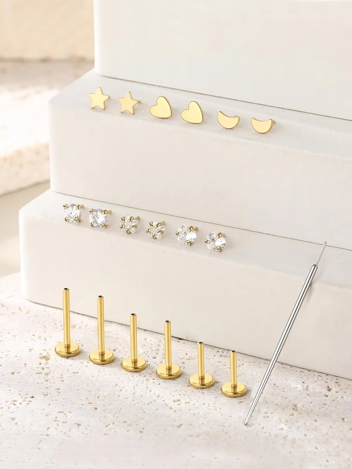 Aumeo 16G 18G Nose Rings Studs Threadless Flat Back Earrings Moon Star Lip Studs Heart CZ Medusa Nostril Tragus Helix Conch Piercing Jewelry 6mm 8mm 10mm Bar Length