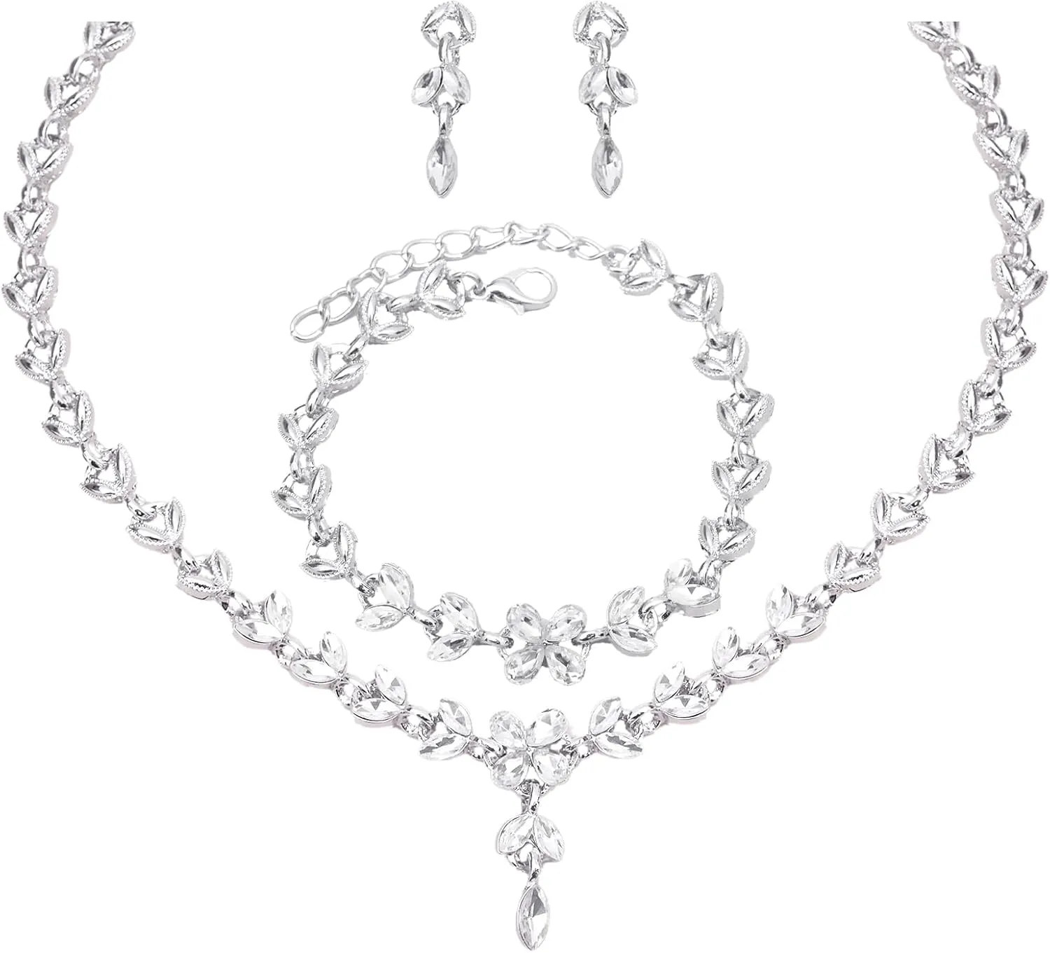 Austrian Marquise Crystal Bridal Bridesmaid Jewelry Sets Elegant Leaf Necklace Dangle Earrings Bracelet Set for Women Party Prom Accessories Jewelry