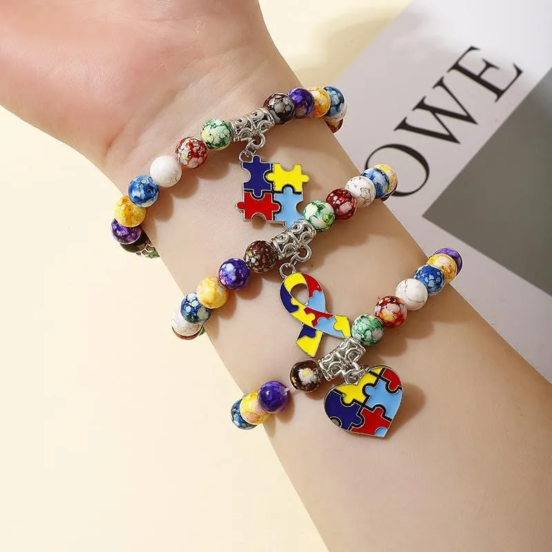 Autism Awareness Bracelet for Women Colorful Charm Puzzle Piece Autism Autistic Bracelet Handmade Boho Friendship Beaded Adjustable Stretch Bracelets