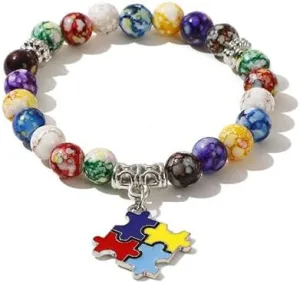 Autism Awareness Bracelet for Women Colorful Charm Puzzle Piece Autism Autistic Bracelet Handmade Boho Friendship Beaded Adjustable Stretch Bracelets