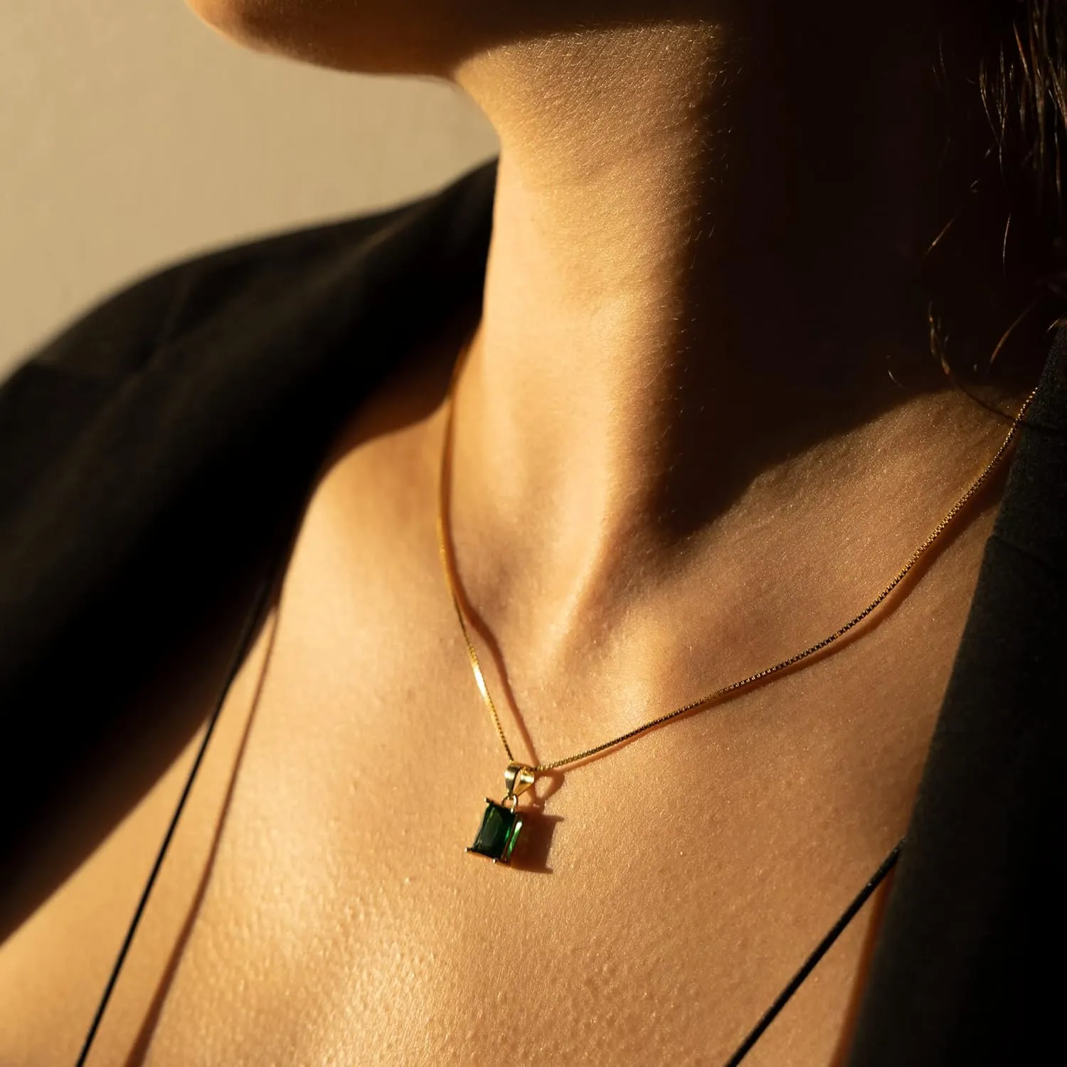 Baguette CZ Pendant Necklace | 14K Gold Plated Sterling Silver | Emerald Baguette Pendant Dainty Box Chain Necklace 18''