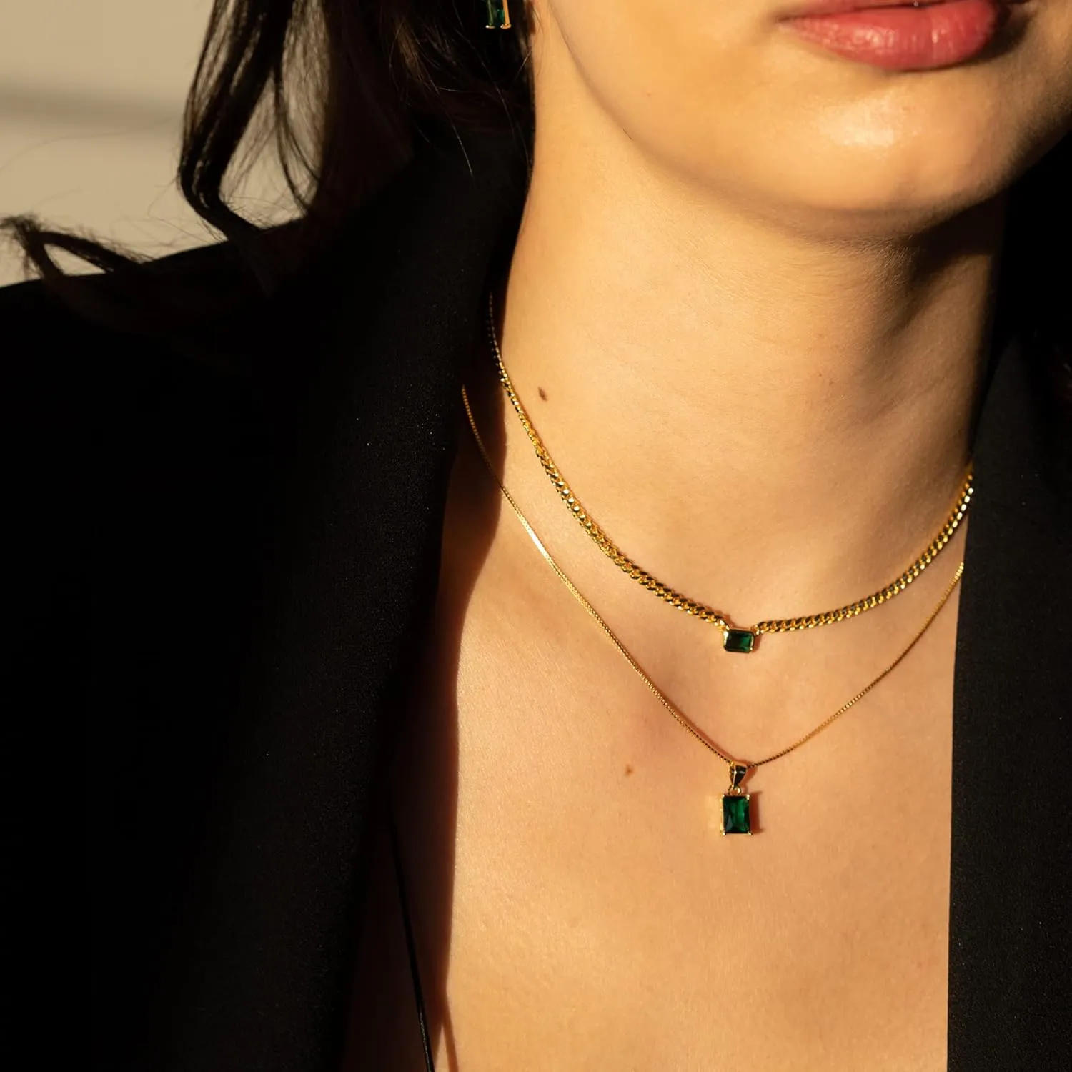 Baguette CZ Pendant Necklace | 14K Gold Plated Sterling Silver | Emerald Baguette Pendant Dainty Box Chain Necklace 18''