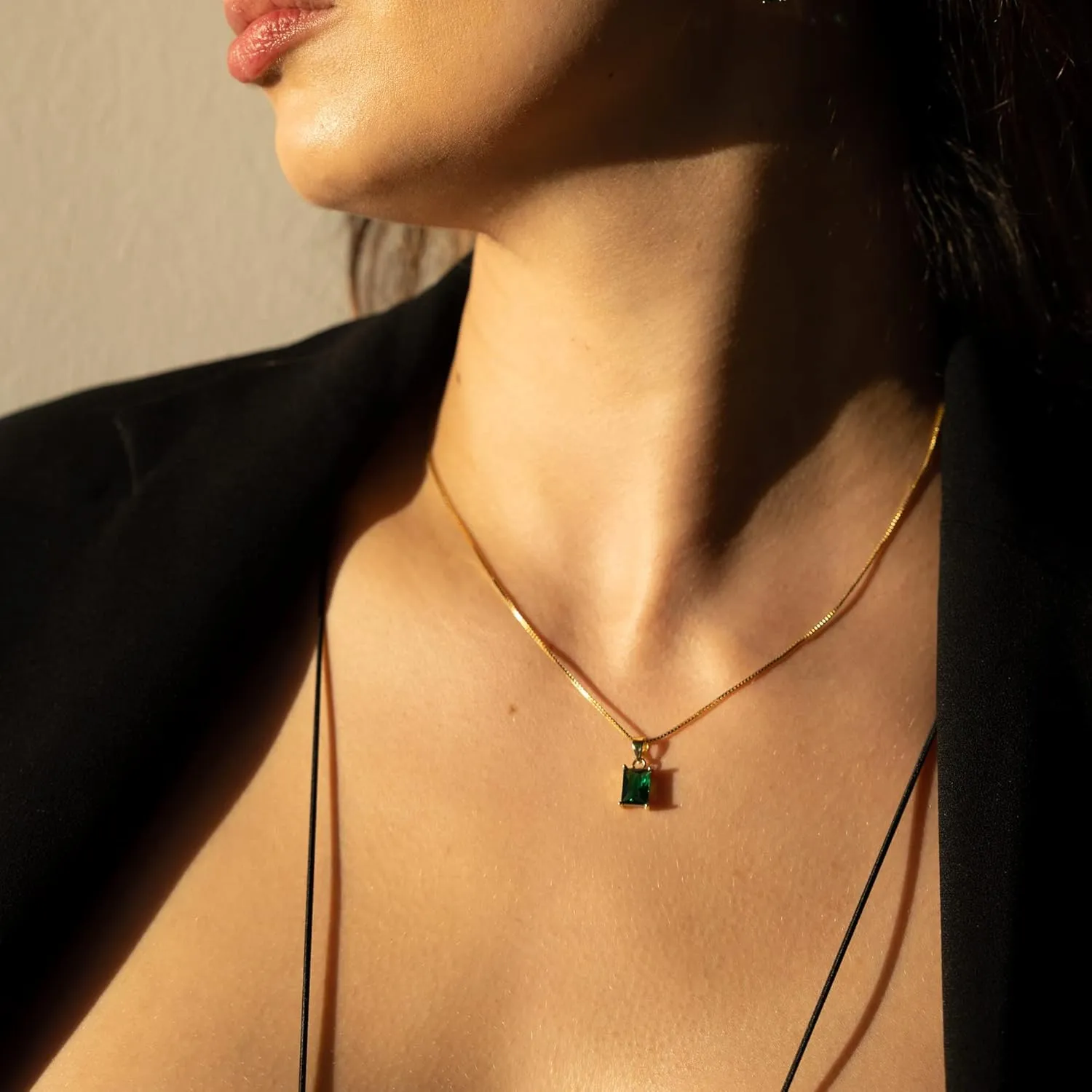 Baguette CZ Pendant Necklace | 14K Gold Plated Sterling Silver | Emerald Baguette Pendant Dainty Box Chain Necklace 18''