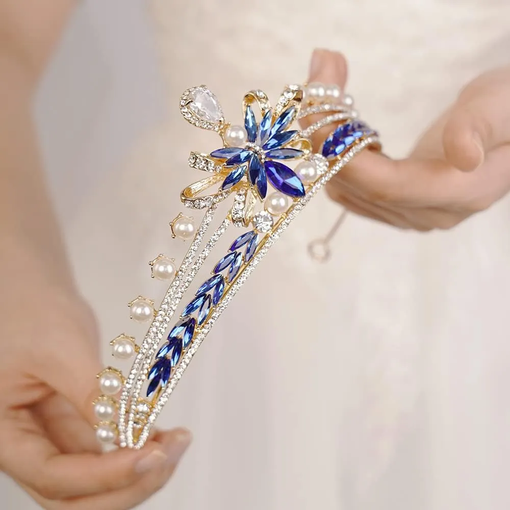 Baroque Pearl Tiara Blue Crystal Crown Elegant Rhinestone Headband Bridal Headpiece Princesss Queen Crown for Women Wedding Birthday Party Prom Pageant Gift(Blue)